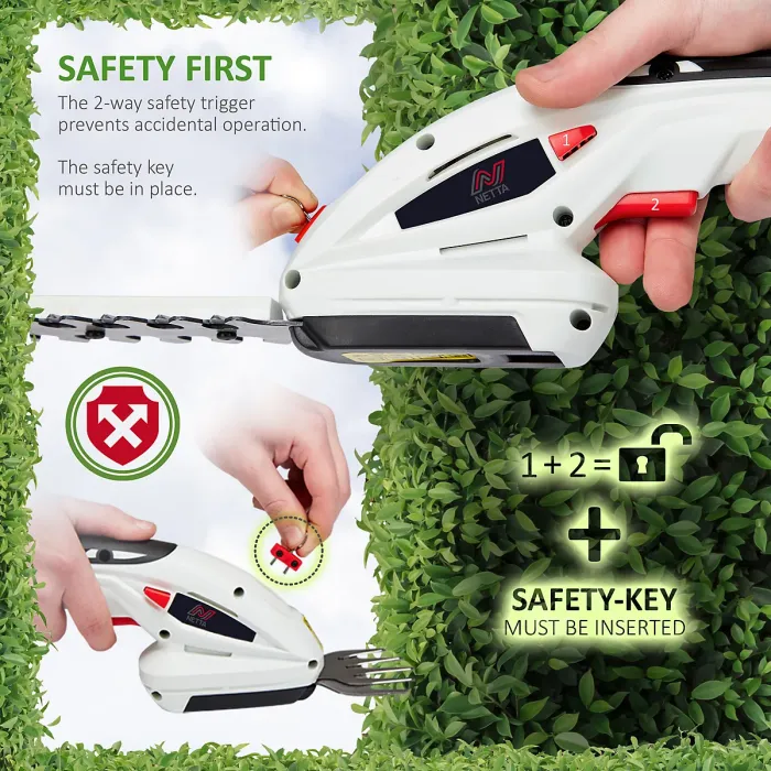 NETTA 7.2V Cordless 2 in 1 LithiumIon Grass and Hedge Trimmer, Edging and Shrub Shear, With Telescopic Pole Handle