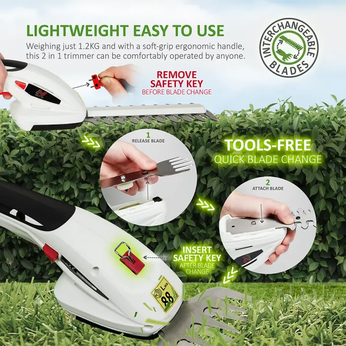 NETTA 7.2V Cordless 2 in 1 LithiumIon Grass and Hedge Trimmer, Edging and Shrub Shear, With Telescopic Pole Handle