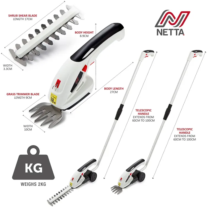 NETTA 7.2V Cordless 2 in 1 LithiumIon Grass and Hedge Trimmer, Edging and Shrub Shear, With Telescopic Pole Handle