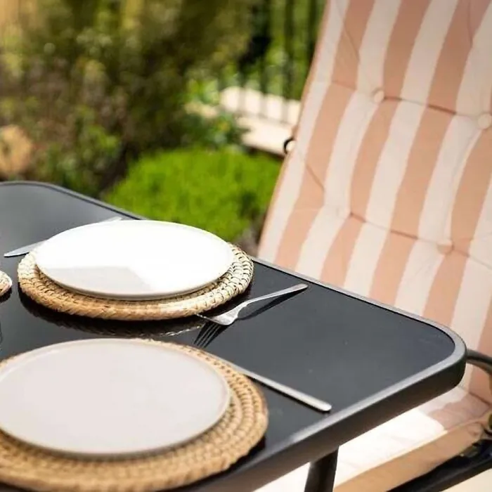 Primrose 6 Seater Garden Furniture Dining Set with Reversible Cushions and Crank Parasol in Beige