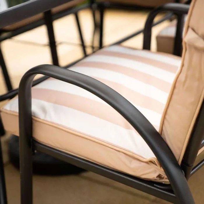 Primrose 6 Seater Garden Furniture Dining Set with Reversible Cushions and Crank Parasol in Beige