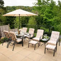 Primrose Reclining 6 Seater Garden Patio Dining And Outdoor Leisure Furniture Set with Crank Parasol in Beige