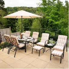 Primrose Reclining 6 Seater Garden Patio Dining And Outdoor Leisure Furniture Set with Crank Parasol in Beige