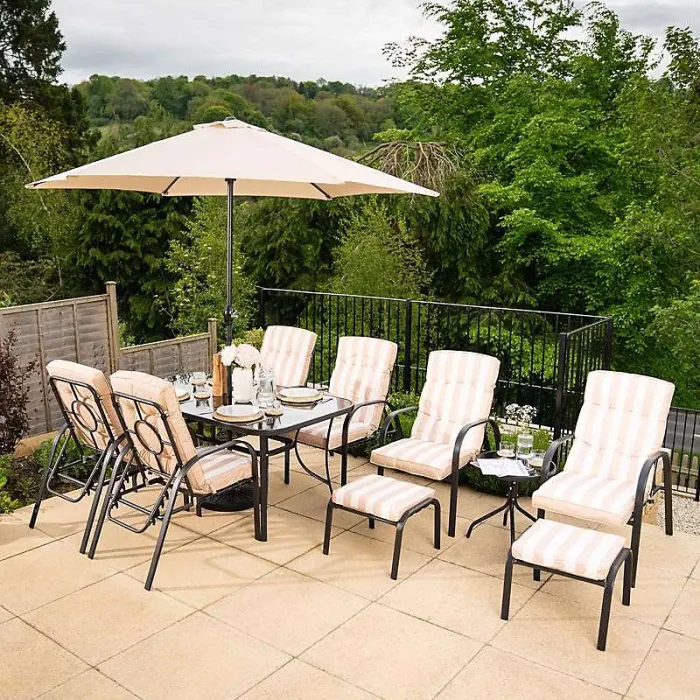 Primrose Reclining 6 Seater Garden Patio Dining And Outdoor Leisure Furniture Set with Crank Parasol in Beige