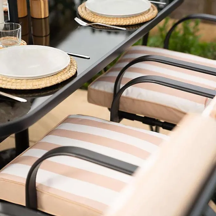 Primrose Reclining 6 Seater Garden Patio Dining And Outdoor Leisure Furniture Set with Crank Parasol in Beige