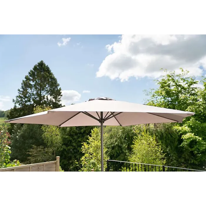 Primrose Reclining 6 Seater Garden Patio Dining And Outdoor Leisure Furniture Set with Crank Parasol in Beige