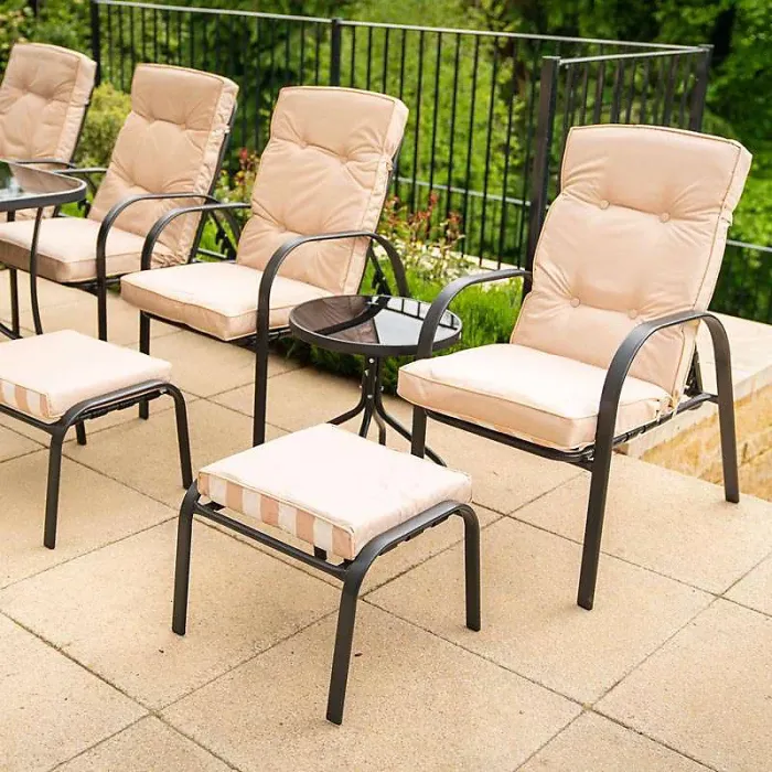 Primrose Reclining 6 Seater Garden Patio Dining And Outdoor Leisure Furniture Set with Crank Parasol in Beige