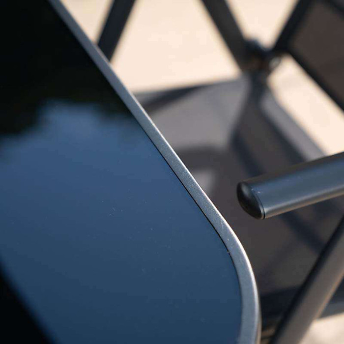 Primrose 6 Seater Garden Furniture Dining Set With Parasol Reclining Chairs Glass Table In Black