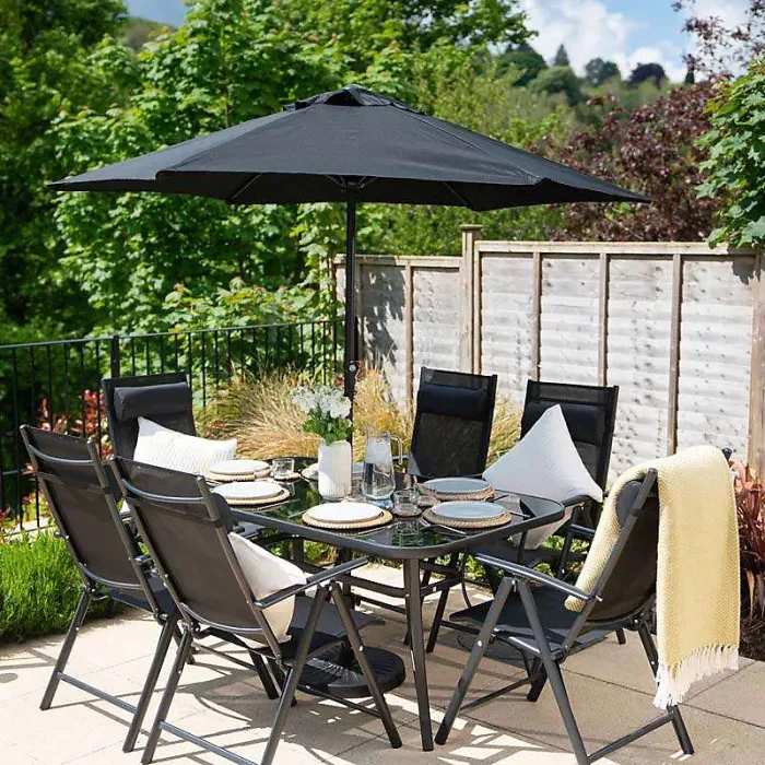 Primrose 6 Seater Garden Furniture Dining Set With Parasol Reclining Chairs Glass Table In Black