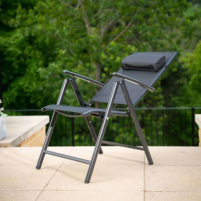 Primrose 6 Seater Garden Furniture Dining Set With Parasol Reclining Chairs Glass Table In Black