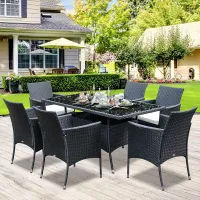 Outsunny Rattan Dining Set for 6 with Cushions, Glass Top Table, Black