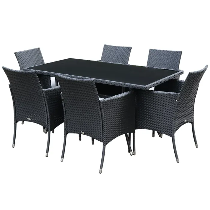 Outsunny Rattan Dining Set for 6 with Cushions, Glass Top Table, Black