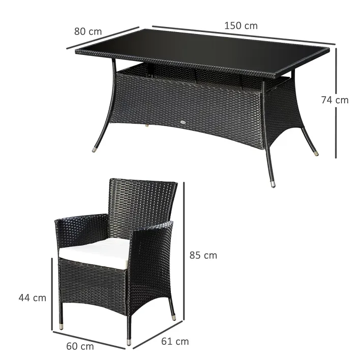 Outsunny Rattan Dining Set for 6 with Cushions, Glass Top Table, Black