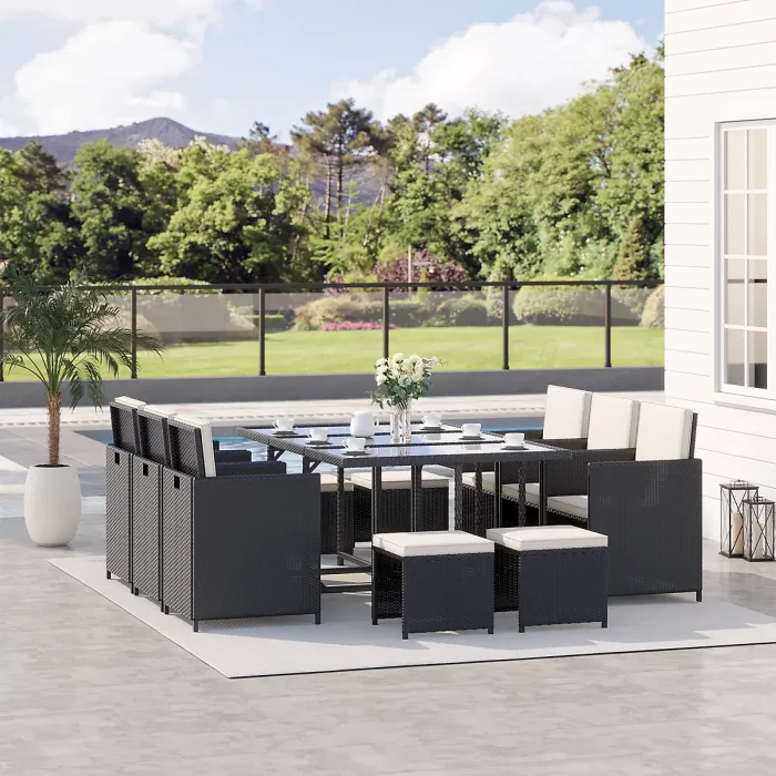 Outsunny 10 Seater Cube Rattan Dining Set W/ Cushions Glass Top Table Black