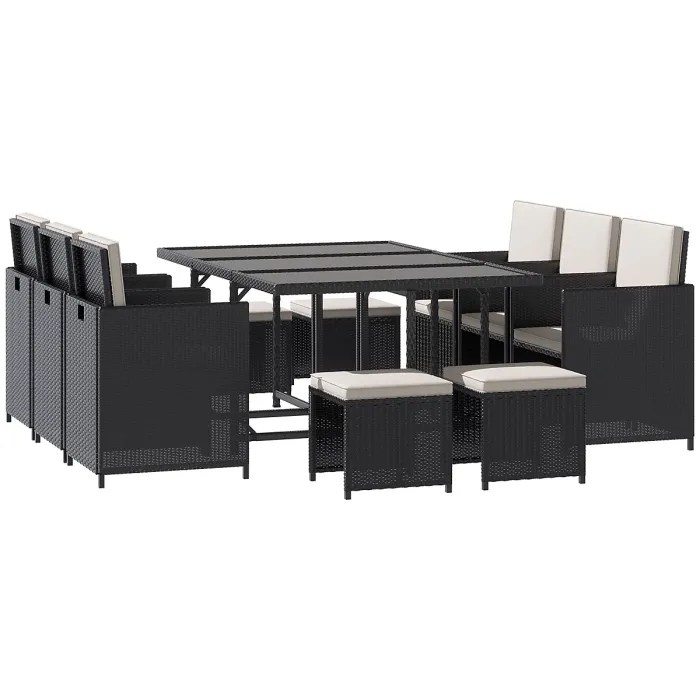 Outsunny 10 Seater Cube Rattan Dining Set W/ Cushions Glass Top Table Black