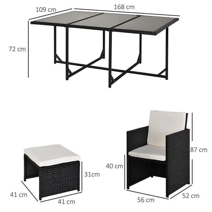 Outsunny 10 Seater Cube Rattan Dining Set W/ Cushions Glass Top Table Black