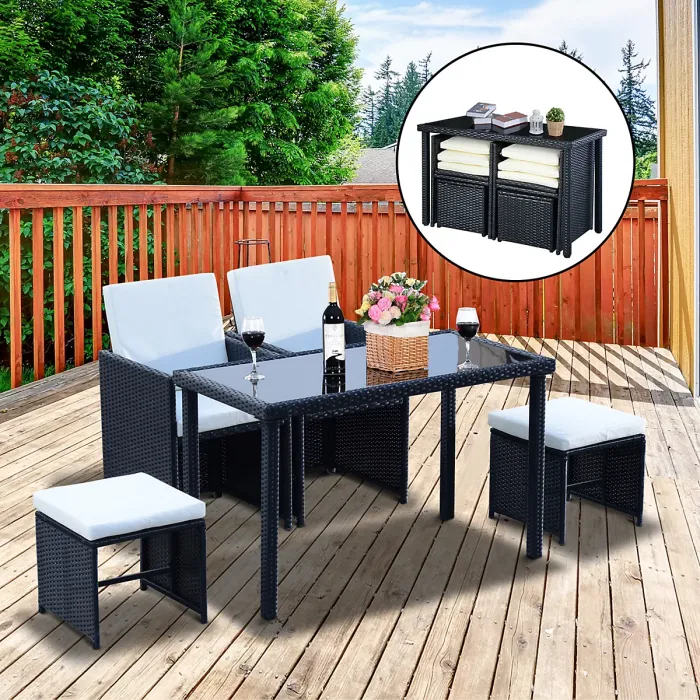 Outsunny 5 Pieces Rattan Garden Furniture Sofa Set w/ Table Chair Footrest Black