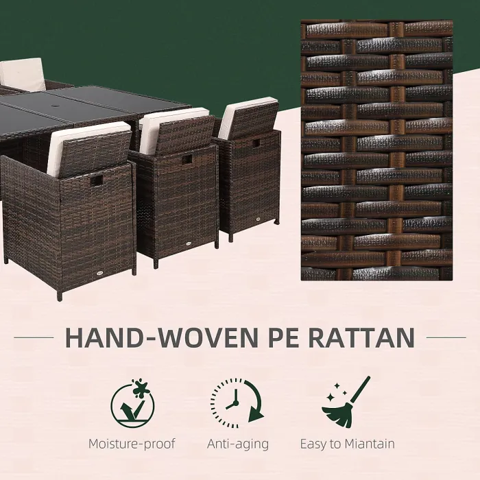 Outsunny 11PC Garden Rattan Dining Set Cushion Patio Table Chair Conservatory