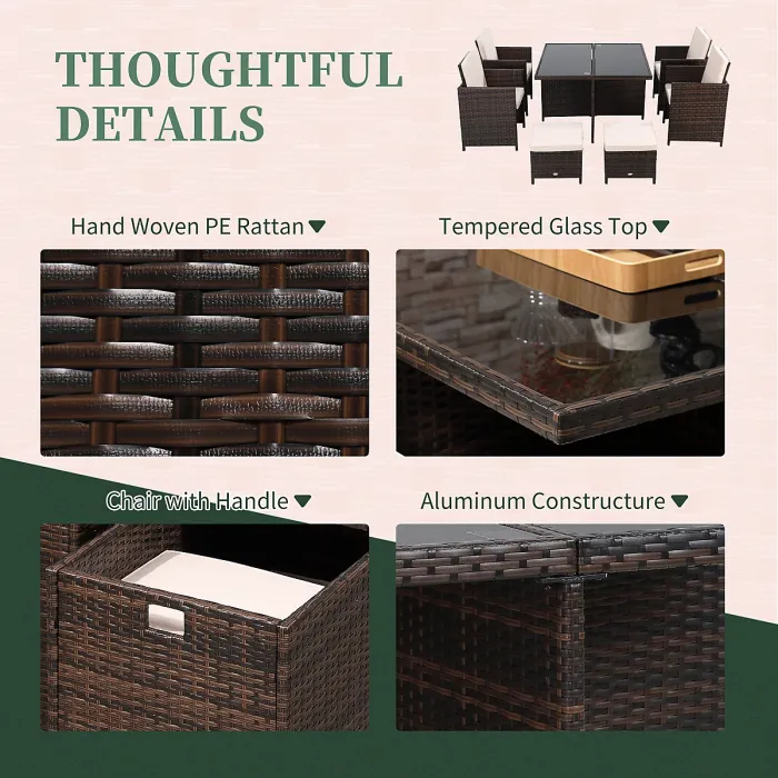 Outsunny Rattan Dining Set Garden Furniture Cube Table Chair Stool Cushion Seat