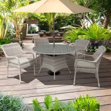Palmera Rattan Stacking 4 Seat Dining Set in Sandy White with 2.7m LED Parasol and Base