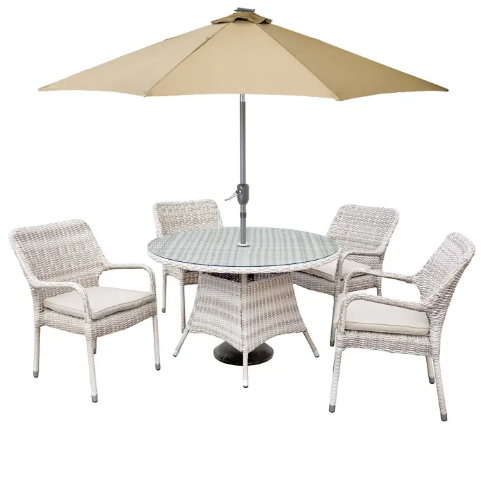 Palmera Rattan Stacking 4 Seat Dining Set in Sandy White with 2.7m LED Parasol and Base