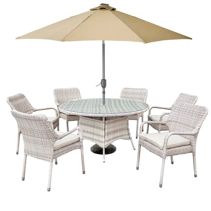 Palmera Rattan Stacking 6 Seat Dining Set in Sandy White with 2.7m LED Parasol and Base