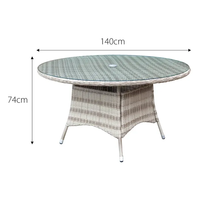 Palmera Rattan Stacking 6 Seat Dining Set in Sandy White with 2.7m LED Parasol and Base