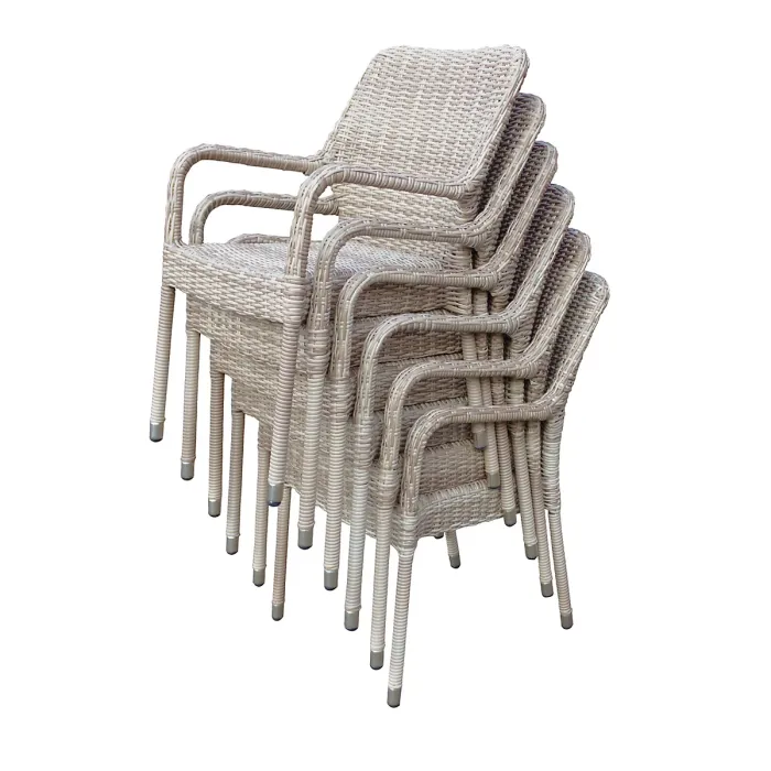 Palmera Rattan Stacking 6 Seat Dining Set in Sandy White with 2.7m LED Parasol and Base