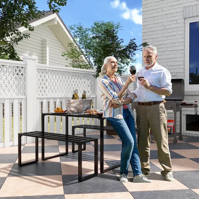 Outsunny 3 Pieces Outdoor Dining Set Metal Picnic Table Bench Patio Garden