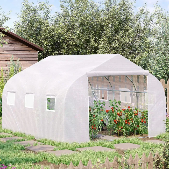 Outsunny Walk-In Polytunnel Greenhouse w/ Roll Up Door Windows, 3.5x3x2 m White