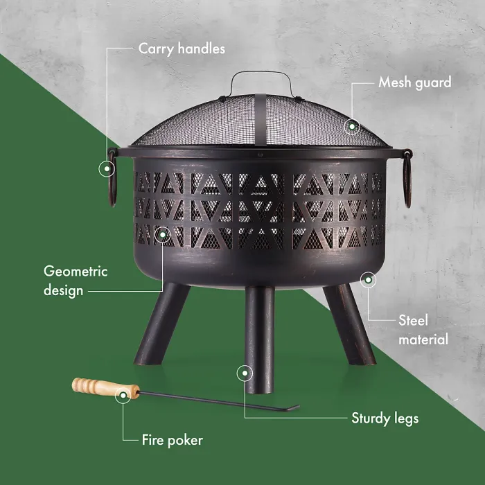 VonHaus Fire Pit, Firepit for Outdoor, Garden, Patio, Portable Lightweight Geometric Design, Use Wood or Charcoal to Fuel