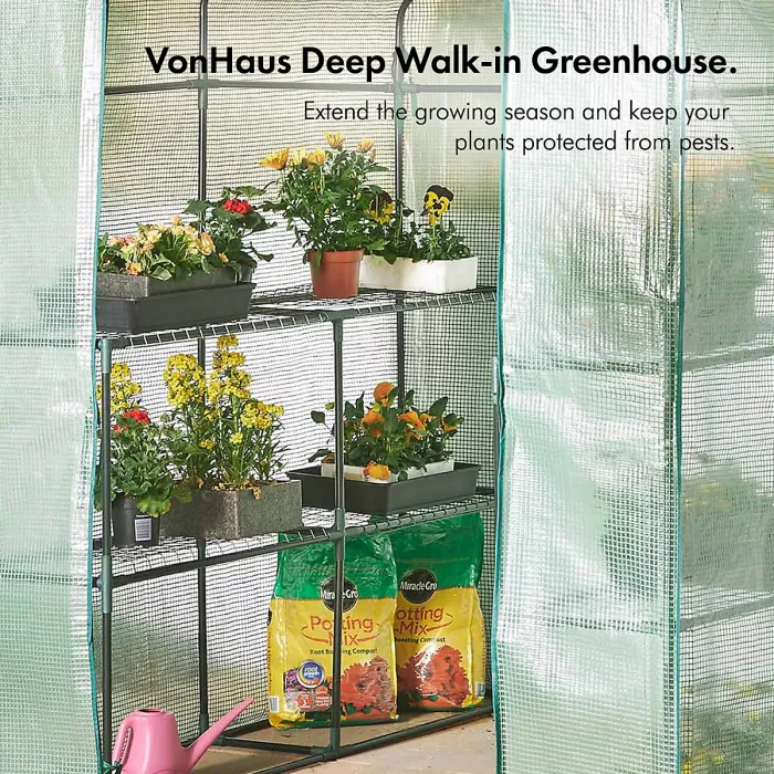 VonHaus Walk In Greenhouse w/ 8 Shelves & Weatherproof Plastic Cover, Plant House/Grow House, Roll Up Zip Door, No Tool Assembly