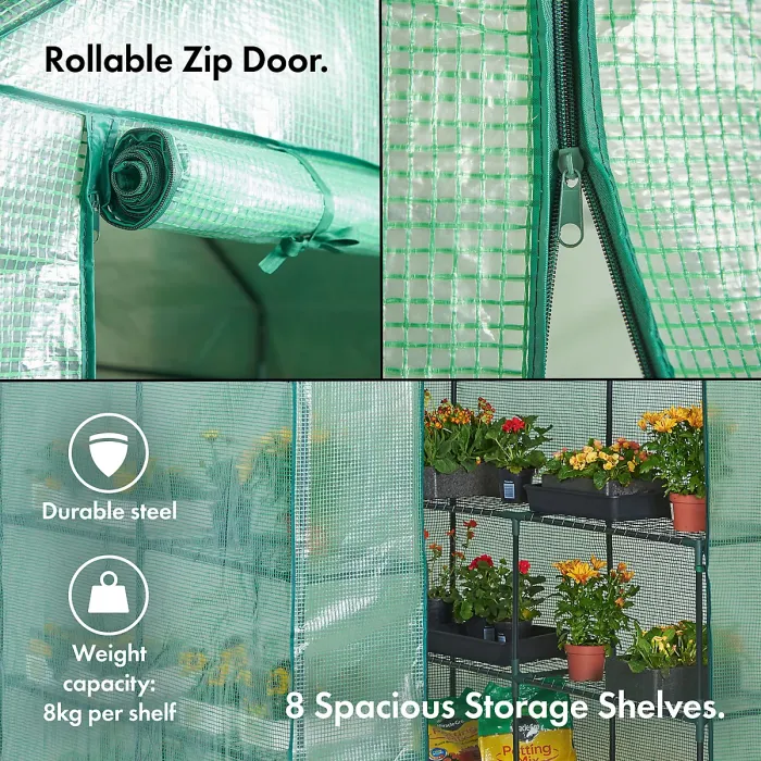 VonHaus Walk In Greenhouse w/ 8 Shelves & Weatherproof Plastic Cover, Plant House/Grow House, Roll Up Zip Door, No Tool Assembly