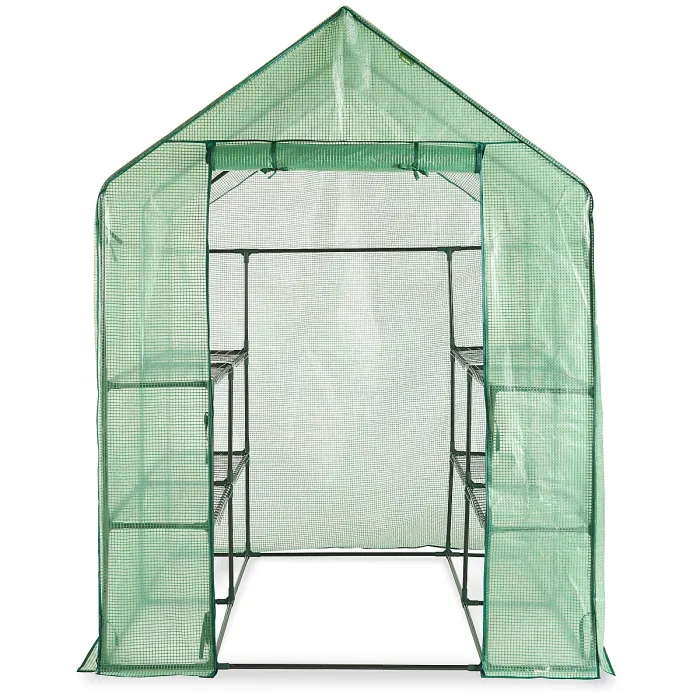 VonHaus Walk In Greenhouse w/ 8 Shelves & Weatherproof Plastic Cover, Plant House/Grow House, Roll Up Zip Door, No Tool Assembly