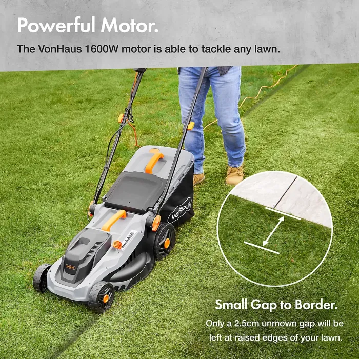 VonHaus Electric Lawnmower 1600W, Corded, 42L Collection Box, 5 Cutting Heights, 38cm Cutting Width, 10m Power Cord