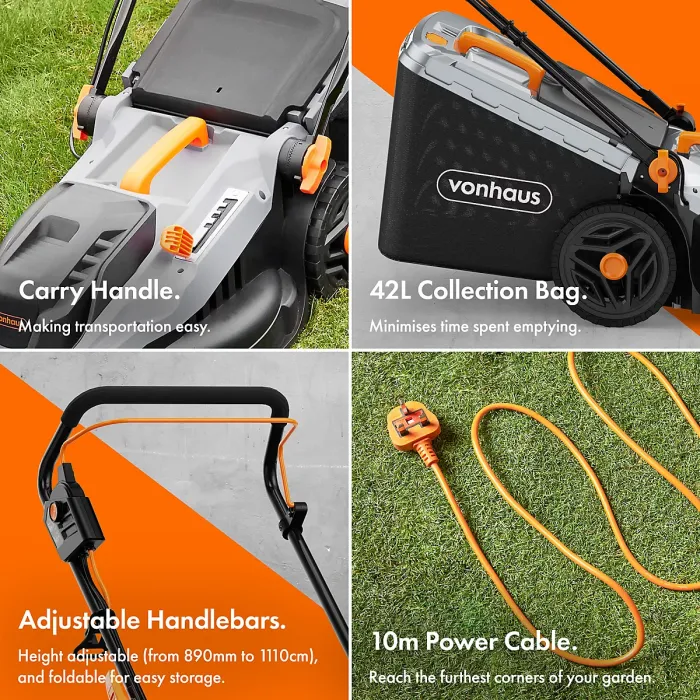 VonHaus Electric Lawnmower 1600W, Corded, 42L Collection Box, 5 Cutting Heights, 38cm Cutting Width, 10m Power Cord