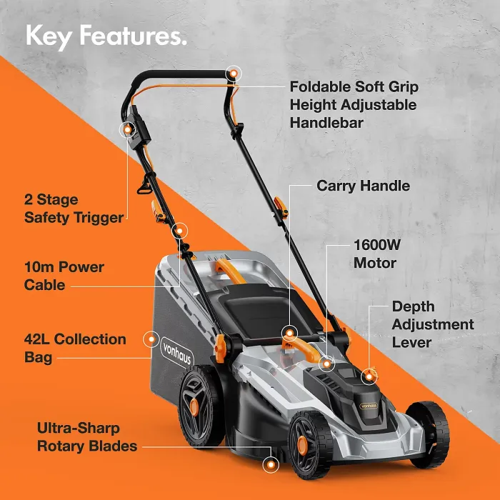 VonHaus Electric Lawnmower 1600W, Corded, 42L Collection Box, 5 Cutting Heights, 38cm Cutting Width, 10m Power Cord