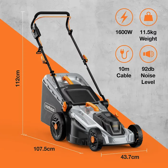 VonHaus Electric Lawnmower 1600W, Corded, 42L Collection Box, 5 Cutting Heights, 38cm Cutting Width, 10m Power Cord