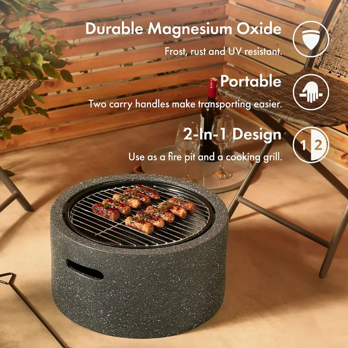 VonHaus Fire Pit, 2 in 1 Firepit with BBQ Cooking Grill for Outdoor, Garden, Patio, MgO Material, Use Wood or Charcoal to Fuel