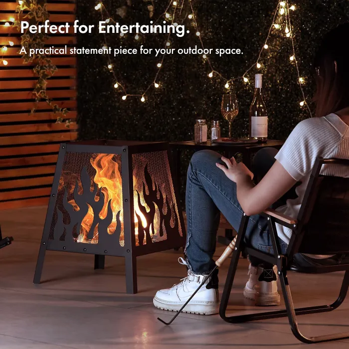 VonHaus Fire Pit Square Flame Pattern, Portable Firepit for Outdoor Heating, Garden Fire Place for Wood & Charcoal