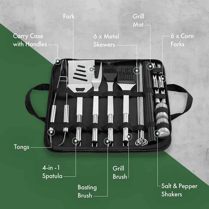 VonHaus BBQ Tool Set with Case, 20Pc BBQ Accessories Kit w/ Spatula, Tongs, Barbecue Grill Mat & More, Outdoor Cooking Utensils