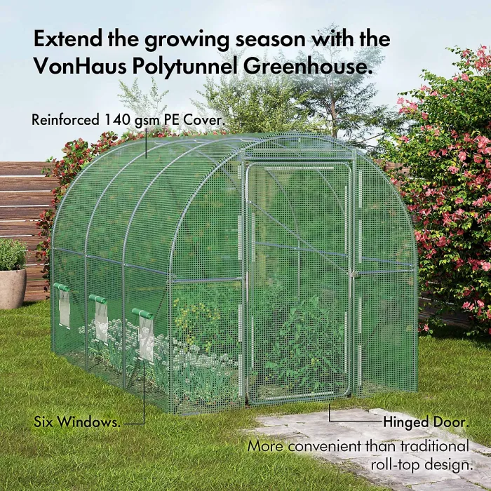 VonHaus Polytunnel Greenhouse 3x2m, Heavy Duty Weatherproof Green House w/ 6 Windows, Galvanised Steel Frame and Hinged Door 6m²