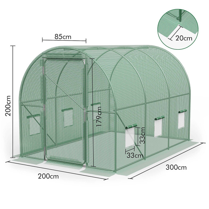VonHaus Polytunnel Greenhouse 3x2m, Heavy Duty Weatherproof Green House w/ 6 Windows, Galvanised Steel Frame and Hinged Door 6m²