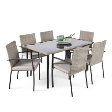 VonHaus Garden Dining Set, Rattan 6 Seater Dining Table Set for Patio, 7pc 6 Person Outdoor Table & Chairs, Removable Cushions