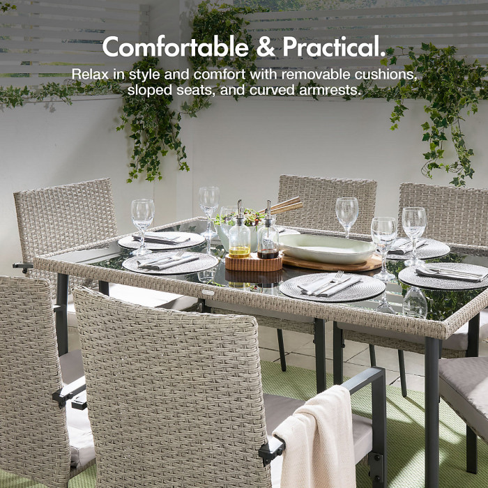 VonHaus Garden Dining Set, Rattan 6 Seater Dining Table Set for Patio, 7pc 6 Person Outdoor Table & Chairs, Removable Cushions