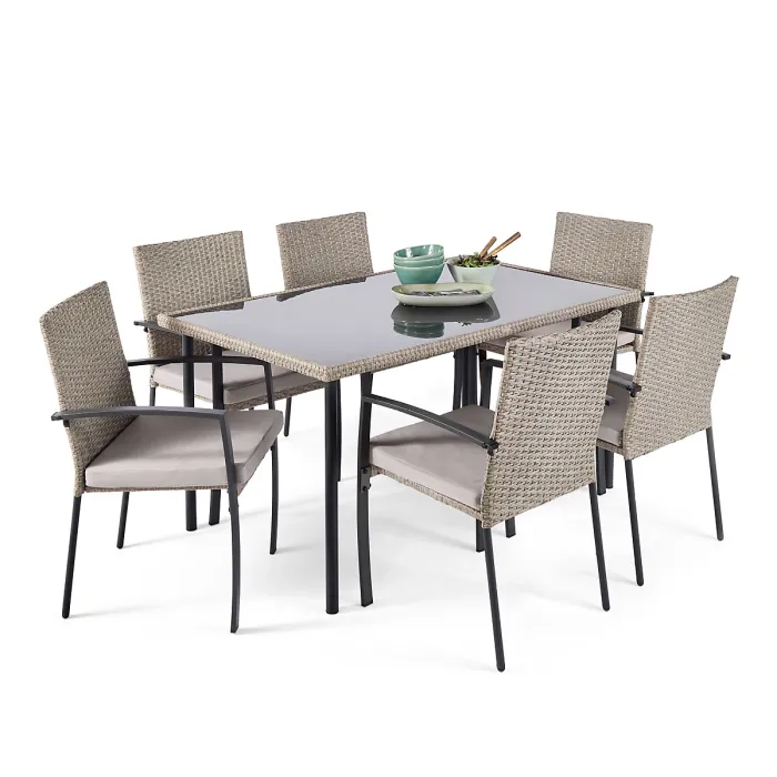 VonHaus Garden Dining Set, Rattan 6 Seater Dining Table Set for Patio, 7pc 6 Person Outdoor Table & Chairs, Removable Cushions
