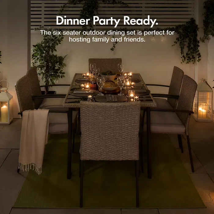 VonHaus Garden Dining Set, Rattan 6 Seater Dining Table Set for Patio, 7pc 6 Person Outdoor Table & Chairs, Removable Cushions
