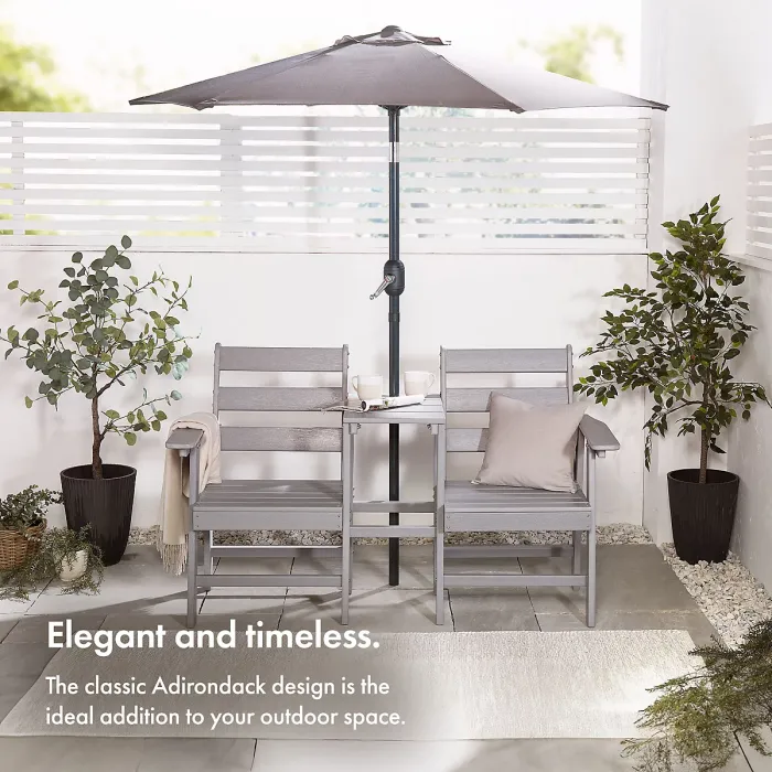 VonHaus Adirondack Love Seat for Garden, 2 Seater Grey Jack & Jill Love Seat with Built-in Parasol Hole, Waterproof HDPE Patio Set