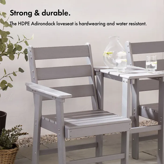 VonHaus Adirondack Love Seat for Garden, 2 Seater Grey Jack & Jill Love Seat with Built-in Parasol Hole, Waterproof HDPE Patio Set