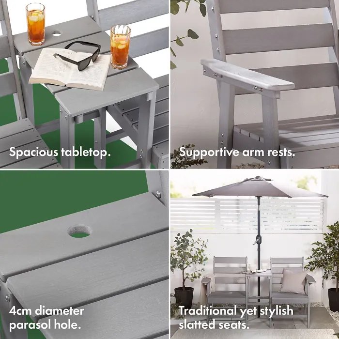 VonHaus Adirondack Love Seat for Garden, 2 Seater Grey Jack & Jill Love Seat with Built-in Parasol Hole, Waterproof HDPE Patio Set